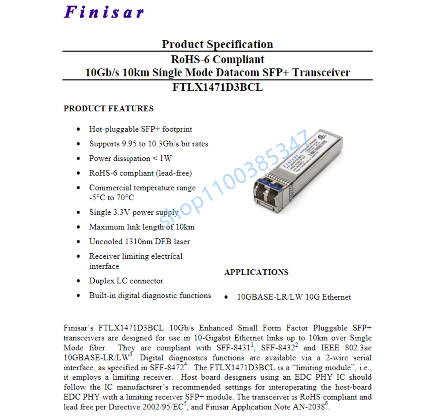 1 Uds Finisar FTLX1471D3BCL LR 1310NM 10G SFP LR 10KM módulo 10G transceptor óptico monomodo/módulo de red de uso general