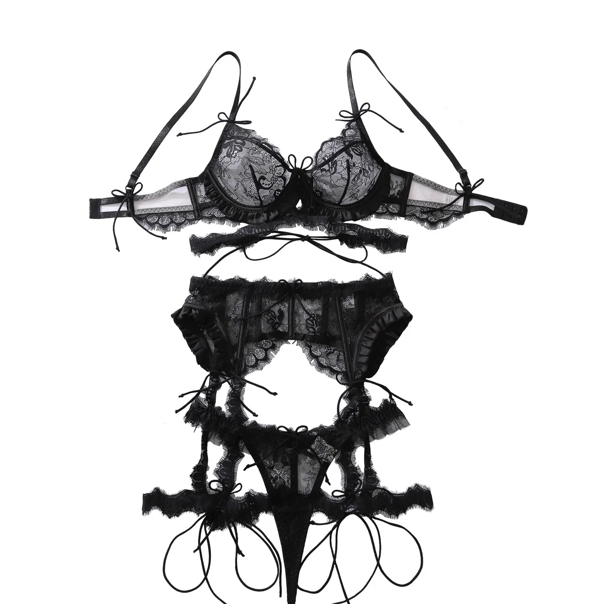 

Willowy Lingeries Sexy Hot Cute Bowknot Bra 3PC with Leg Circles Sensual Eyelash Edge See Through Lace Midnight Tempt