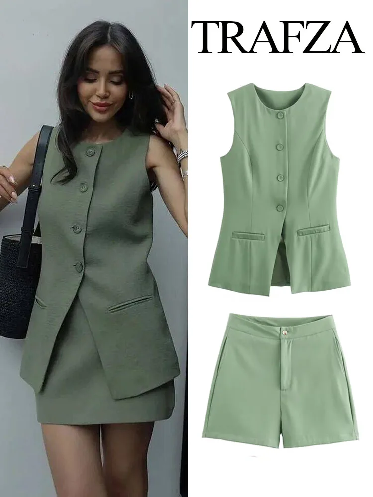 TRAFZA 2024 Women Fashion Set Solid Sleeveless Single Breasted Crew Neck Vest+Elegant High Waist Zipper Pocket Mini Shorts Mujer