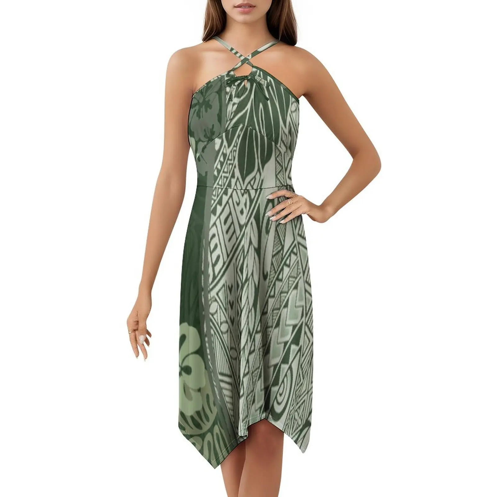 فستان هاواي الأخضر الاستوائي طباعة تابا مثير لقضاء العطلات للنساء على الشاطئ وحفلات أعياد الميلاد فستان قصير هاواي هاواي الاستوائية