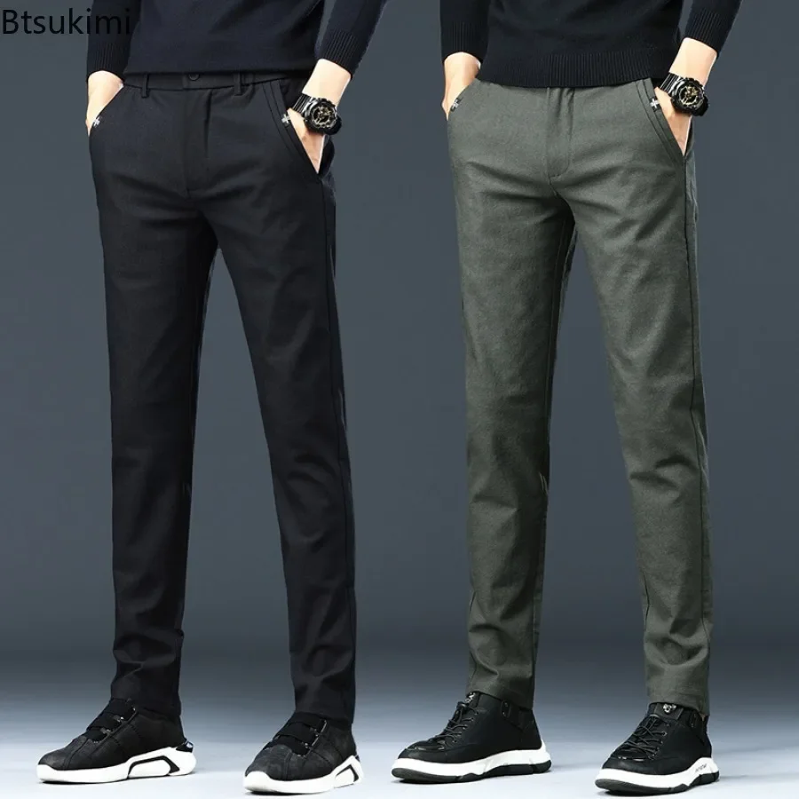

Fashion New Men's Solid Slim Casual Trousers Comfort Cotton Straight Leg Business Office Pants Elastic Waist Cargo Pants for Men