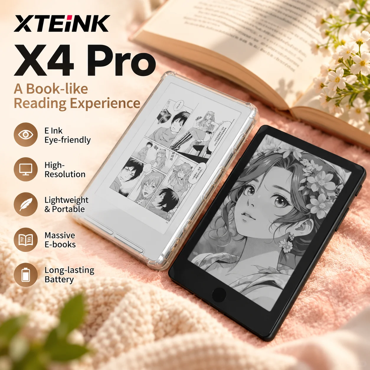 XTEiNK X4 Pro 4.3 Inch EInk eBook Reader Adjustable Front Light Touchscreen Page Turn Buttons Pocket Portable eReader Reading