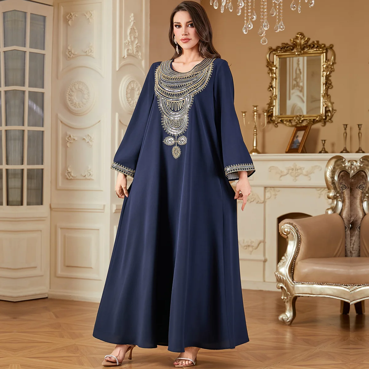 

Arab Muslim New Fashion Women's Plus Size Loose Embroidered Royal Blue Abaya Female Casual Trendy Luxury Elegant Dress Jalabiya