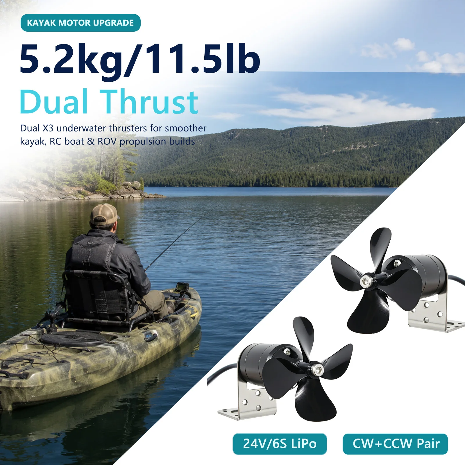 ApisQueen X3 Dual Thruster Kit, 5.2 kg Thrust, 24V, Wireless Remote Control. For Kayaks, Unmanned Boats, ROVs, and Bait Boats