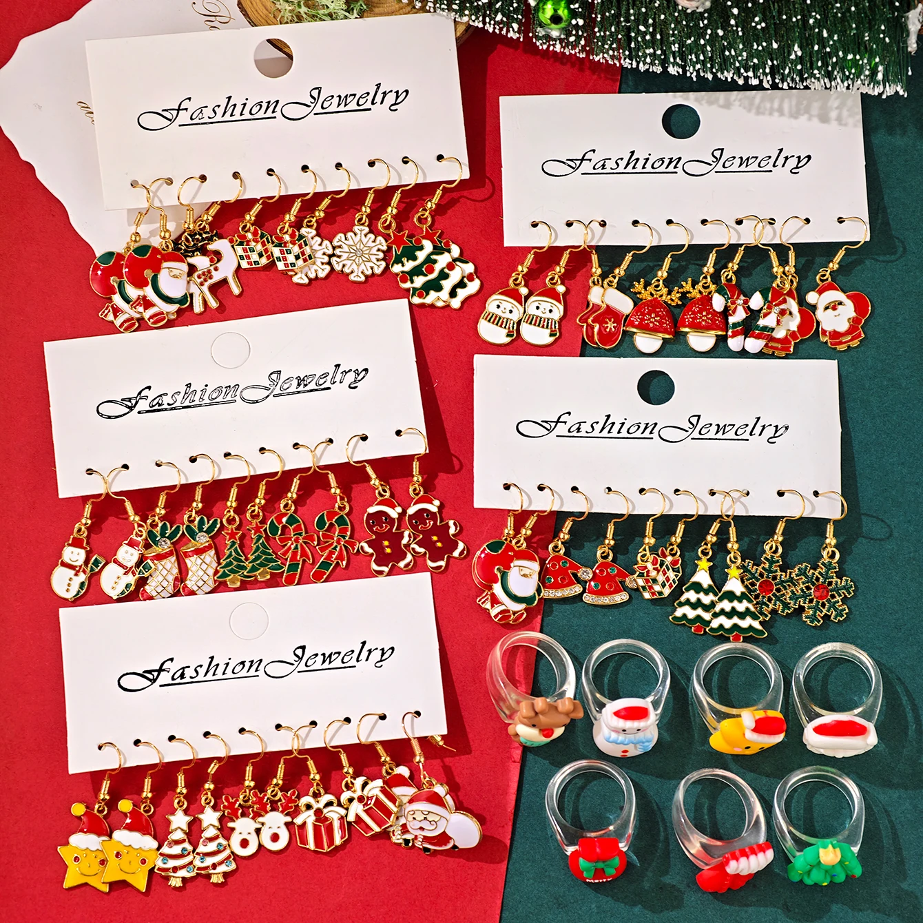 مجموعة أقراط وخاتم لحفلات عيد الميلاد - زيت سبيكة إبداعي مخصص - قطرة ندفة الثلج، الرنة، وهدية شجرة عيد الميلاد #5