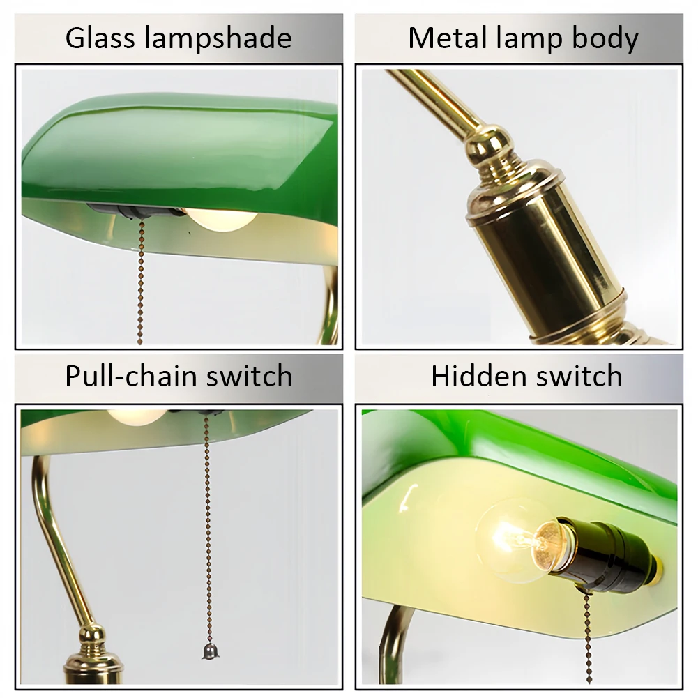 Vintage Desk Lamp Green Glass Antique Table Lights With Brass Base Wireless Rechargeable Pull Chain Traditional Library Lamp