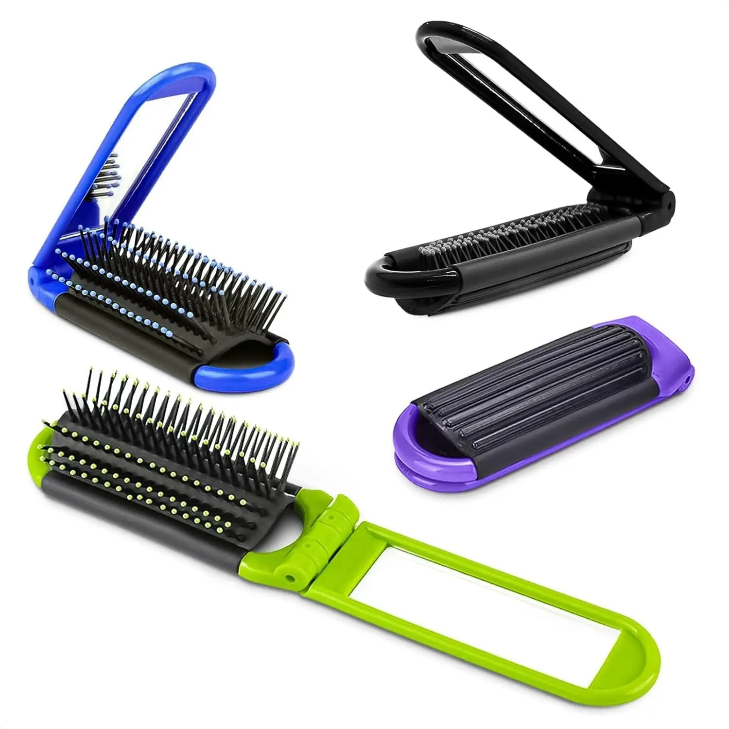 

4-Piece Foldable Travel Hair Brush Set with Mirror, Compact Purse Brushes in 4 Colors for Women