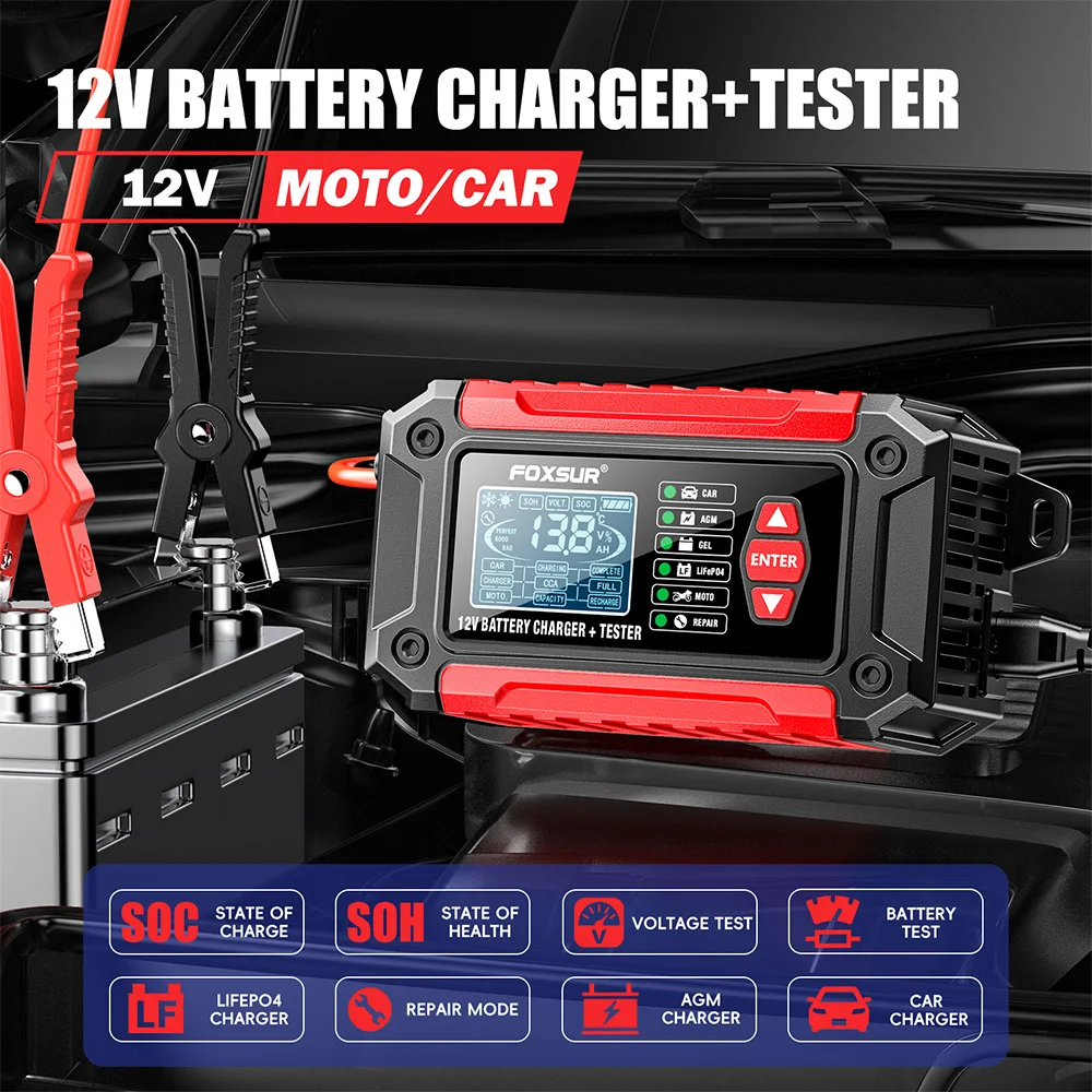 FOXSUR FTC-1206 6A 12V Smart Car Battery Charger & Tester 2-in-1 for Lead Acid AGM GEL Lithium LiFePo4 Moto Battery Analyzer