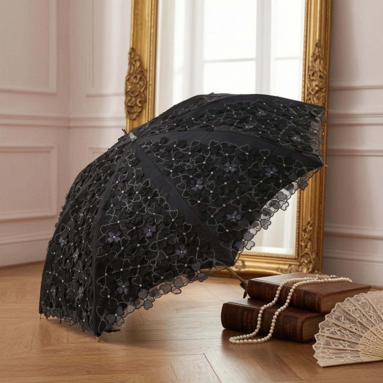 Lace Sunshade Decorative Foldable Sunshade Lace Umbrella Elegant Folding Umbrella Compact for Brides, Weddings, Photo Shoots
