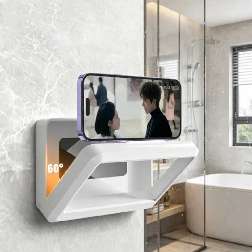 Suporte de parede à prova d'água e antiembaçante para celular com tela sensível ao toque, sem necessidade de furar, compatível com celulares de 4,7 a 7 polegadas, para banheiro, cozinha e lavabo.
