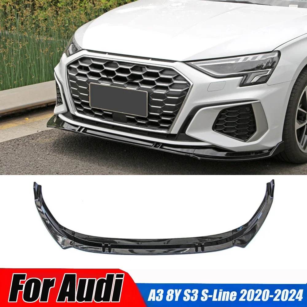 Car Front Bumper Lower Spoiler For Audi A3 8Y S3 S-Line 2020-2024 Glossy Black Lip Splitter Kit 3pcs  Auto Front Lip Protector