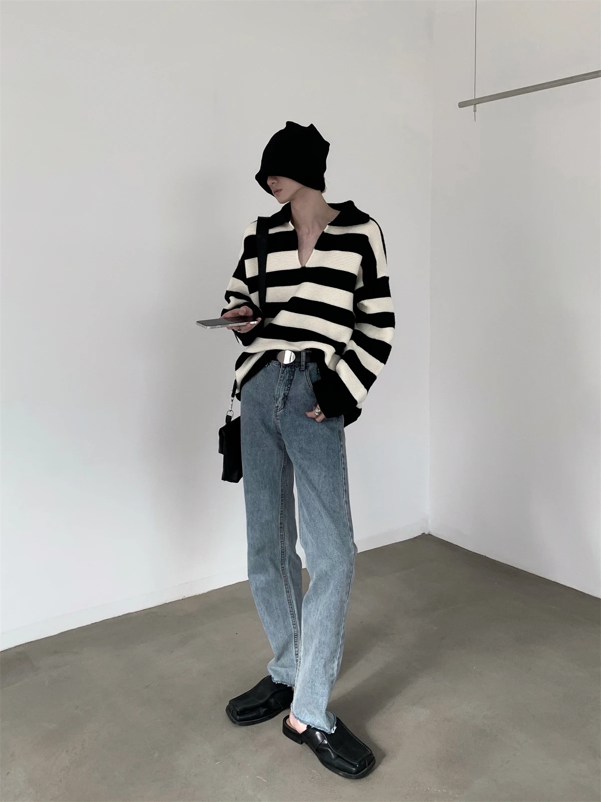 Retro Washed High Waist Slim Fit Straight Leg Men's Jeans Blue Denim Frayed Hem Casual Wear Multi Pocket Autumn Mountain Wind