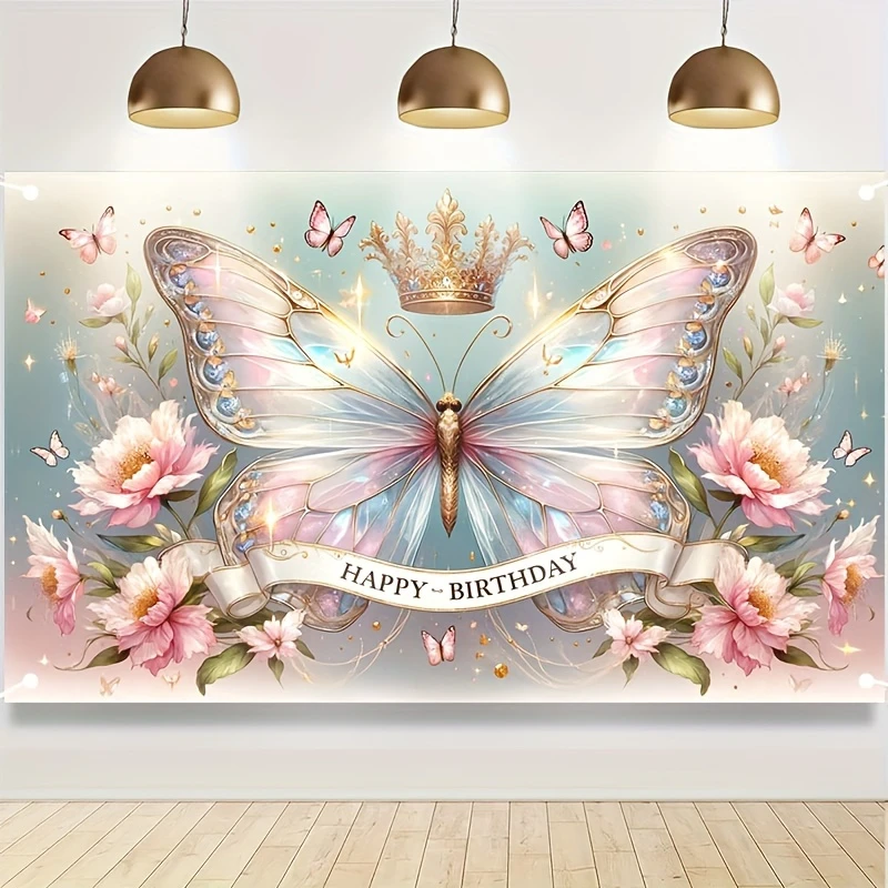 Happy Birthday Banner, Butterfly Background, Birthday Party Decoration, Photography Background