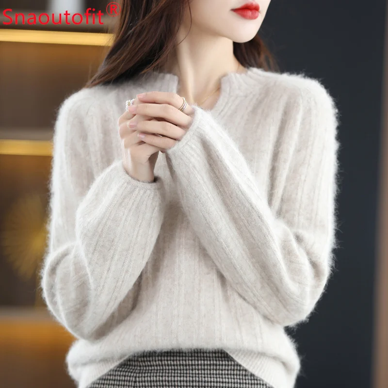 Vrouwen 100% Nertsen Kasjmier Trui Dikke Super Warm Knit Trui Herfst En Winter Mode Puffy Mouw Kleine V-hals Dames top