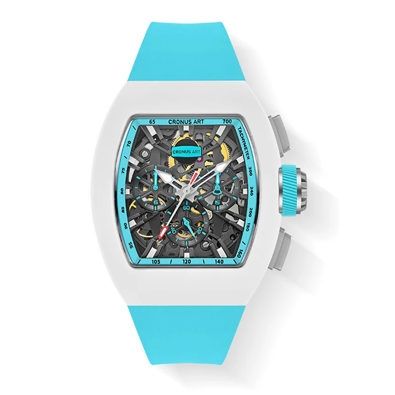 

CRONUSART мужские автоматические часы 50 мм хронограф механические наручные часы Tonneau фторкаучуковый корпус светящийся скелетонизированный циферблат