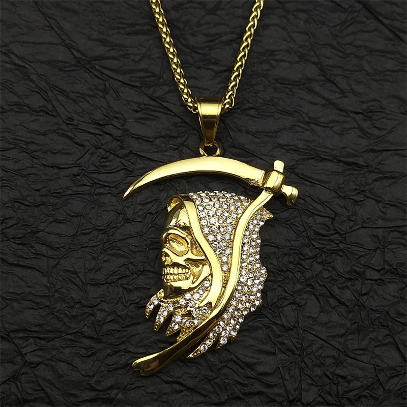 Stainless Steel Rhinestones Saint Death Santa Muerte Grim Reaper Pendant Necklace for Women Men Gold Plated Sickle Skull Jewelry