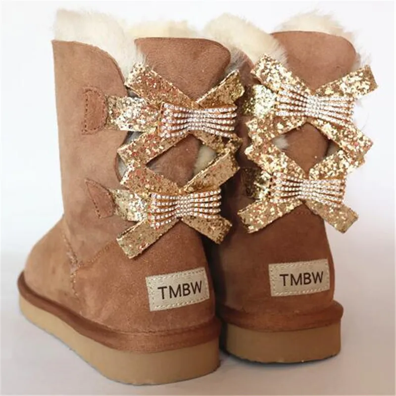 2023 Fashion Two Bows Real Sheepskin Women\'s Winter Woman Snow Boots Mid Calf Genuine Sheepskin Women Boots Women Shoes