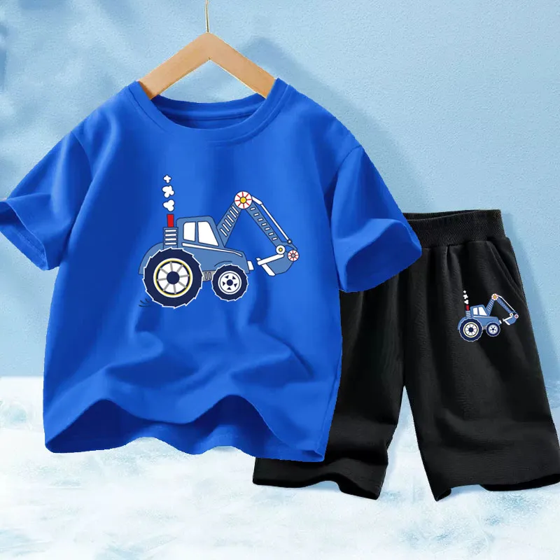 Sommer Kinder Baumwolle Kleidung Set Jungen Cartoon Bagger Autos T-Shirt Shorts 2 teile/satz