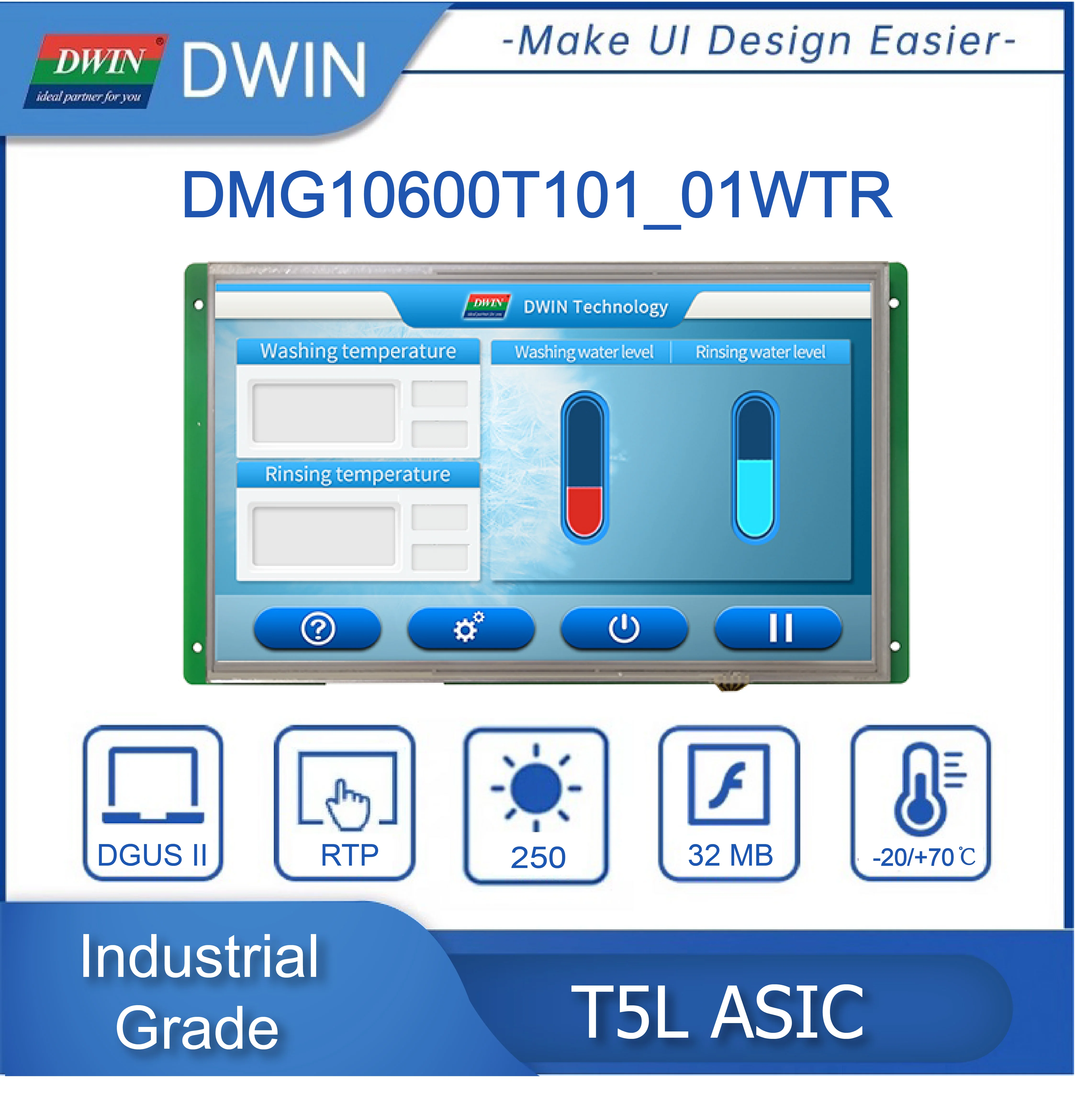 DWIN 10.1-inch, 1024*600 Pixels Resolution, 16.7M Colors, IPS-TFT-LCD Display With Conformal Coating. DMG10600T101_01W