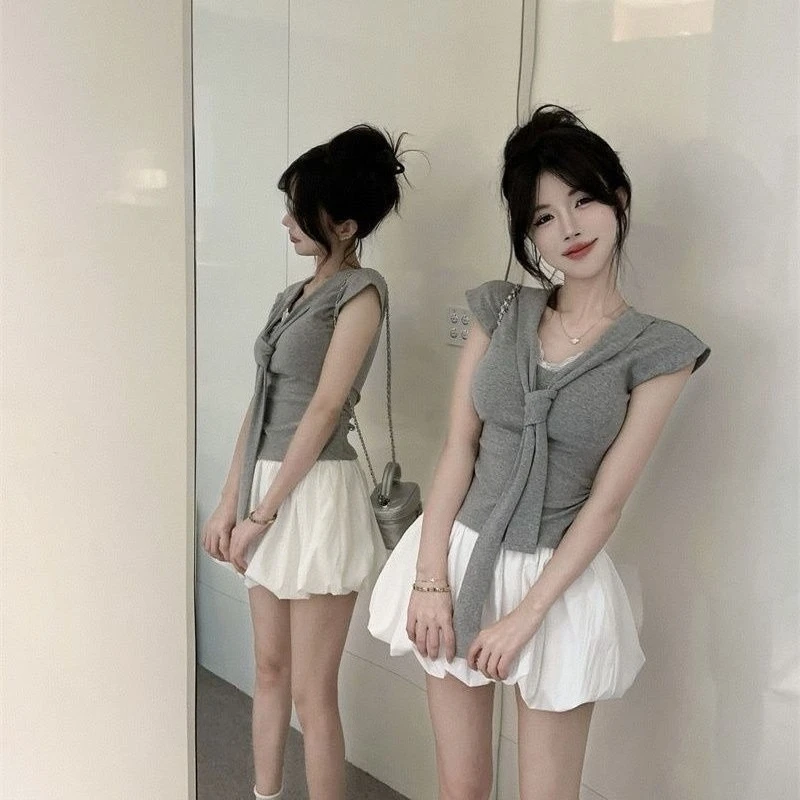 

Korean Style Women Summer Set Ribbon Ruffle T Shirt High Waist Puff Skirt Designer Lace Short Sleeve Top