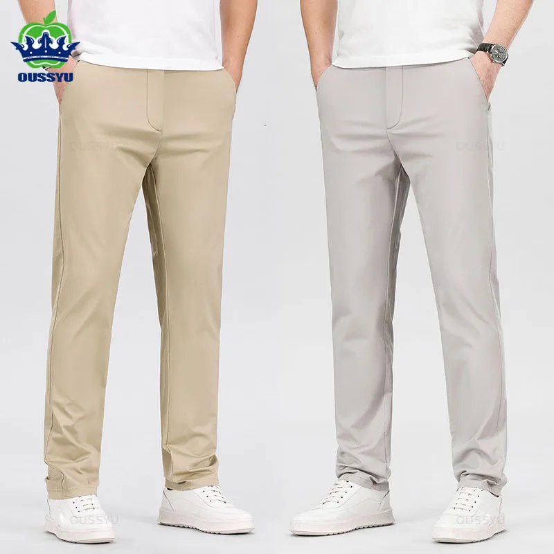 

High Quality 97% Cotton Men's Straight Pants Business Solid Color Khaki Light gray Casual Formal Suit Trousers Plus Size 40 42