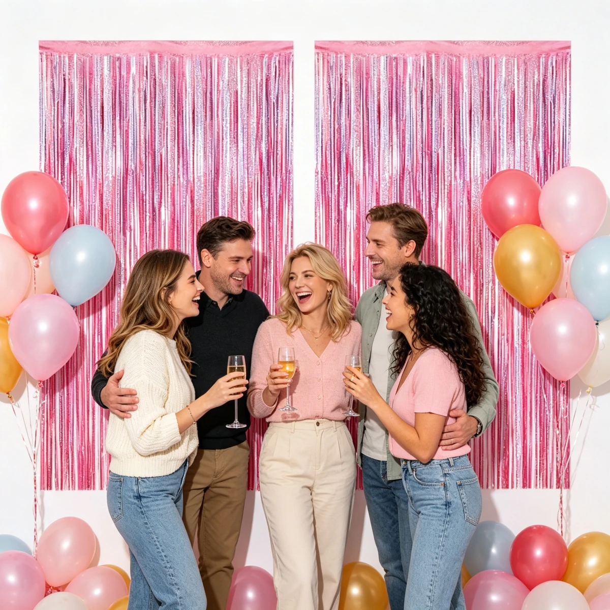 2 Stück Rosa Bedruckte Folien-Fransenvorhänge, Metallische Lametta-Hintergrundvorhänge für Partydekoration, Fotobox, Tür- und Wanddekoration – Detail 4