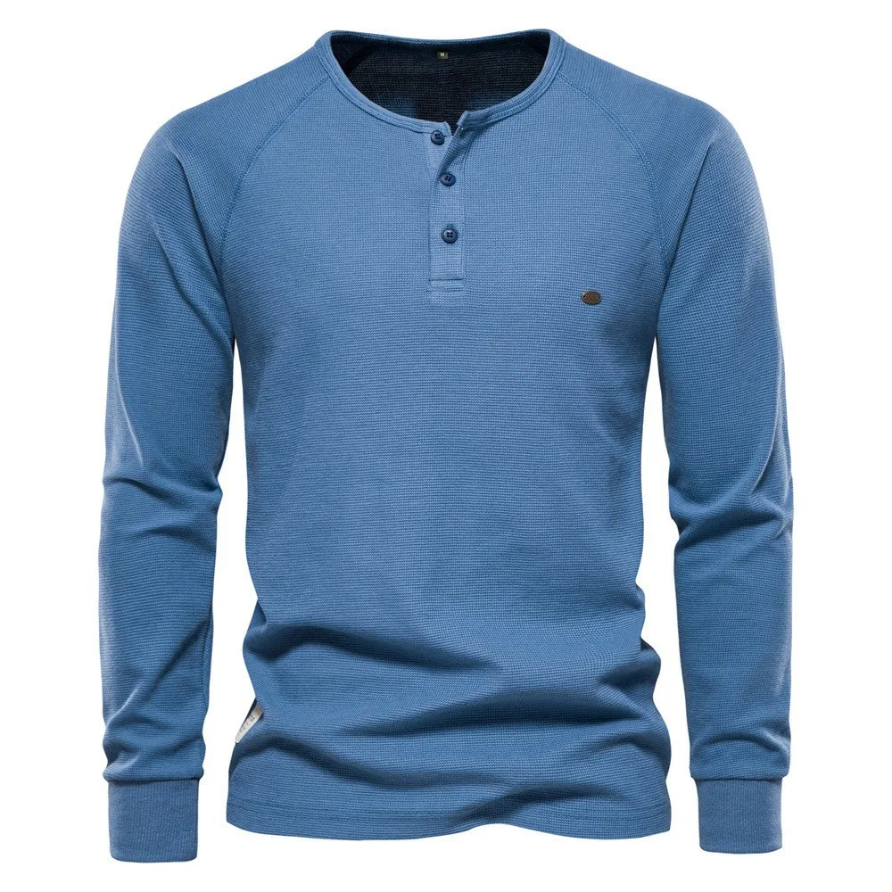 

Autumn and Winter Men's Base Shirt Henry Neck Long Sleeve Waffle T-shirt Men's Solid Color Men's T-shirt