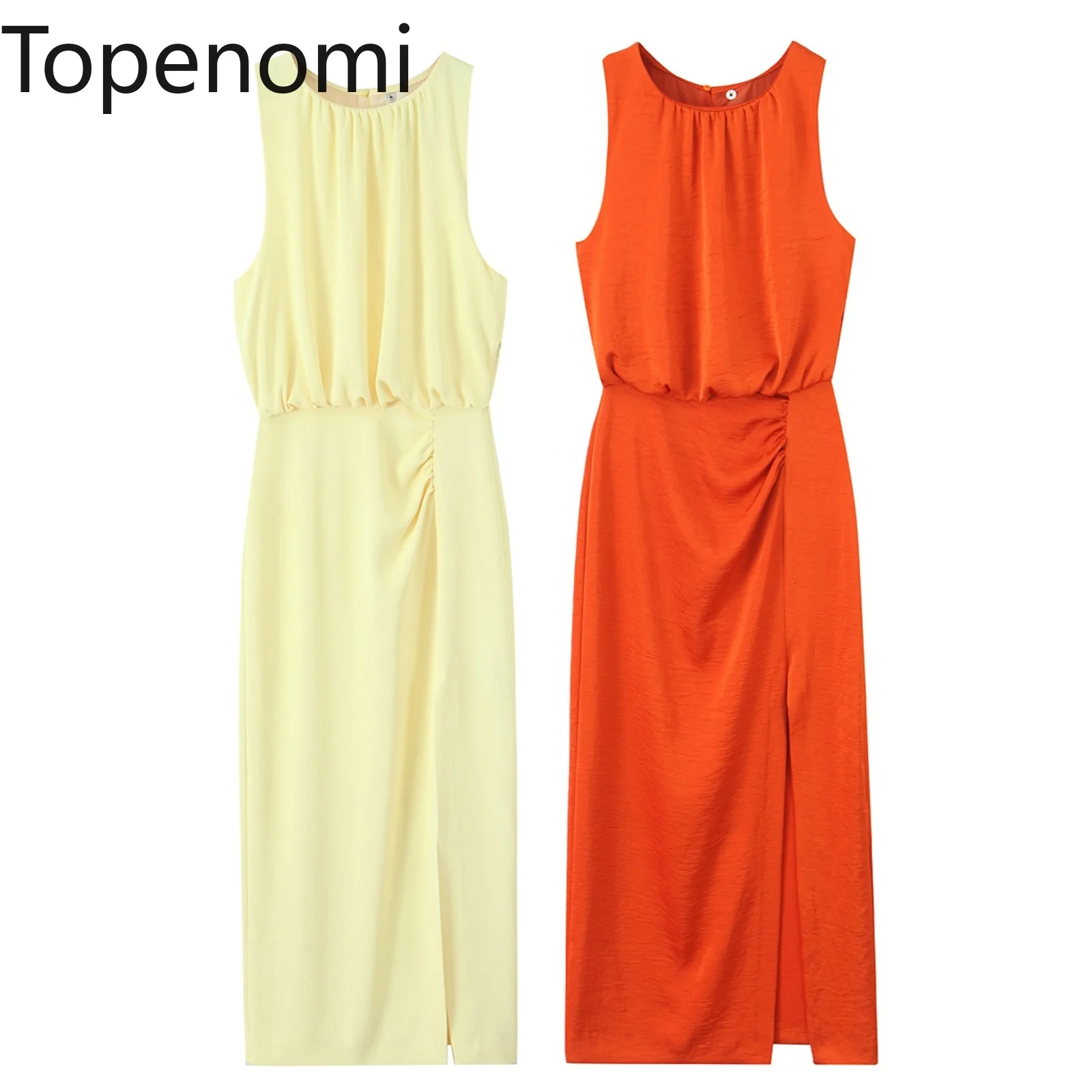 

Topenomi Elegant Sleeveless Party Dress Female Summer Simple Solid O-neck Slim Fit Waist Split Evening Long Dresses Fashion Robe