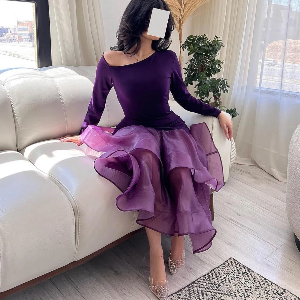 Carolina O-Neck Evening Dresses Women Saudi Arabia Satin Long Sleeves Tiered Vintage Wedding Guest Elegant Formal Party Gowns