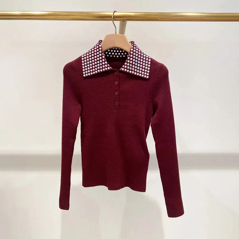 Autumn 2024 Women Wine Red Sweater Diamonds Turn-down Collar Long Sleeve Front Buttons Casual Slim Knitted Pullover