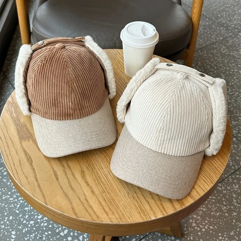

Winter Warm Corduroy Fur Ear Flap Thickened Baseball Cap Sporty Street Style Hunting Plain Wool Trapper Hat For Men Women