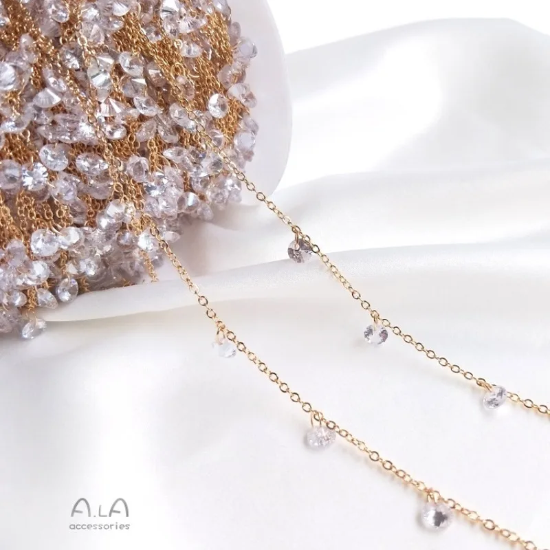 14K Gold Color Zircon Chain Hanging Flash Diamond Chain DIY Handmade Bracelet Necklace Jewelry O-shaped Loose Chain