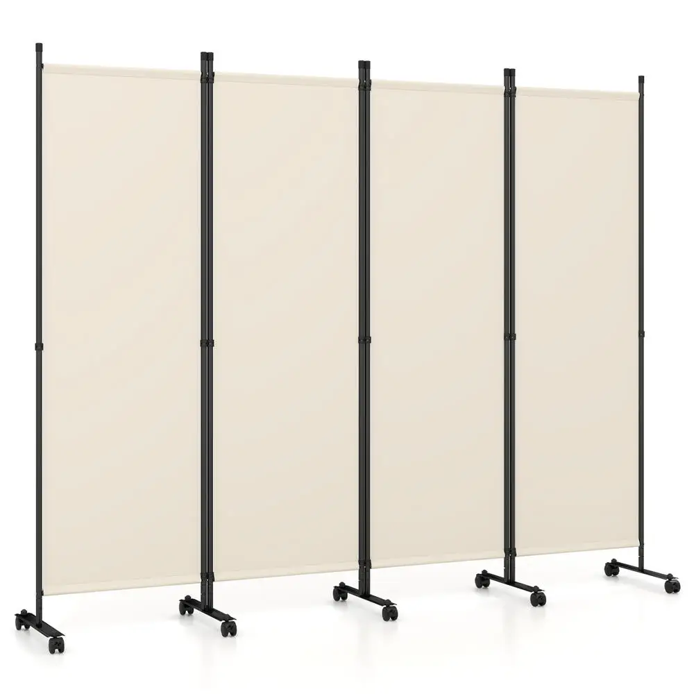 4-Panel Room Divider with Lockable Wheels for Living Room-Beige