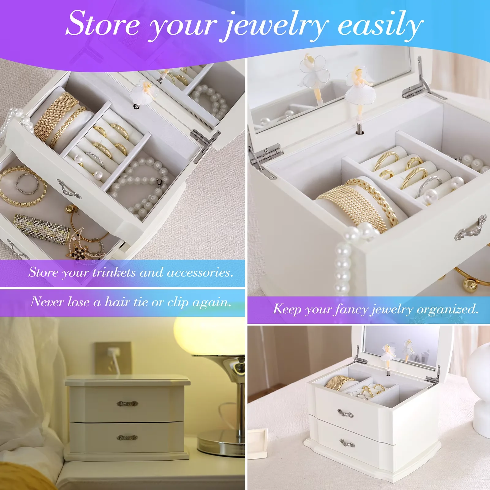 صندوق مجوهرات راقصة الباليه الموسيقي باللون الأبيض بطبقة مزدوجة من جوزين مع مرآة وقلادة للفتيات والنساء، موسيقى تخزين المجوهرات C