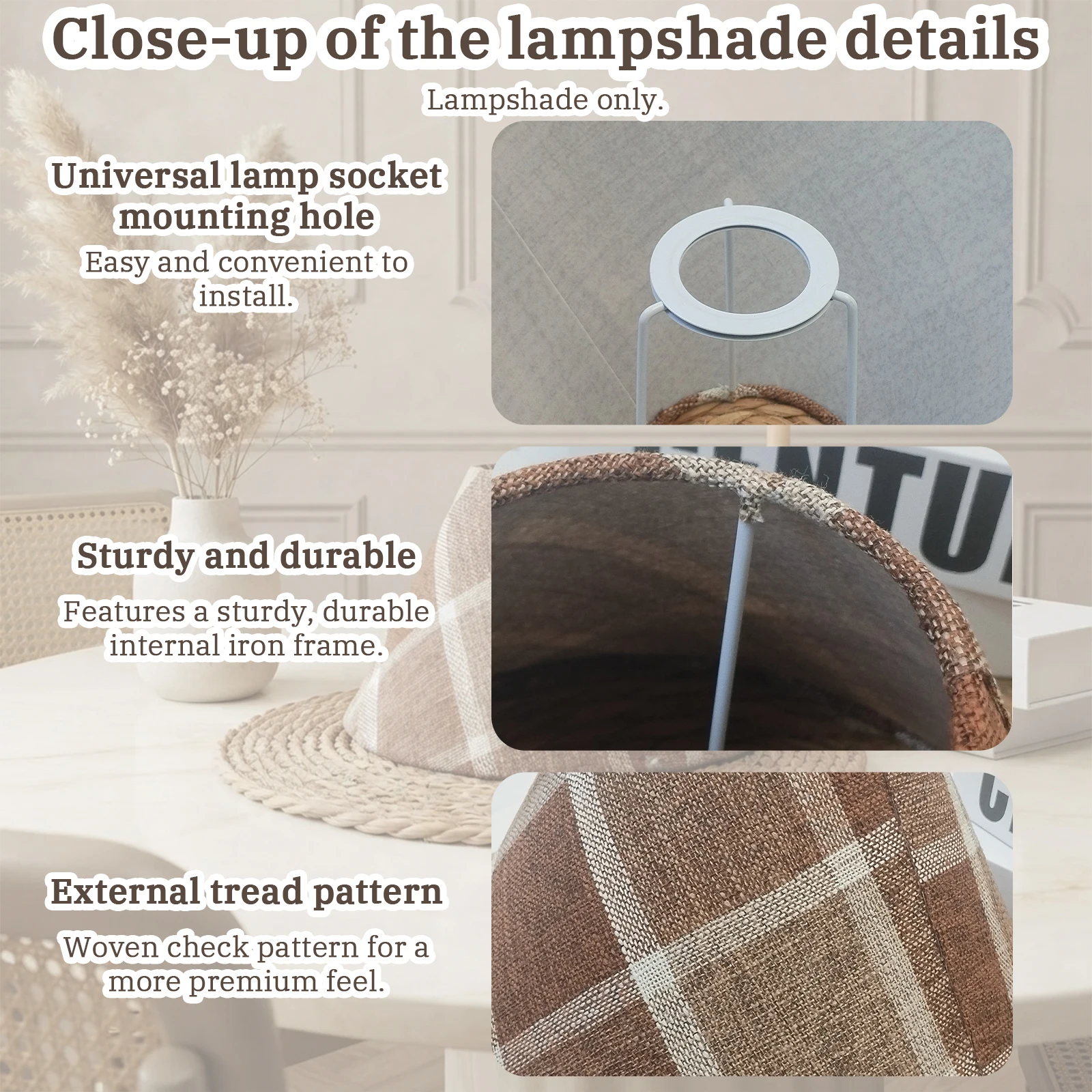 Fabric Lamp Shade, Brown Plaid Checkered, Conical Straight, Table Wall Cover, Farmhouse