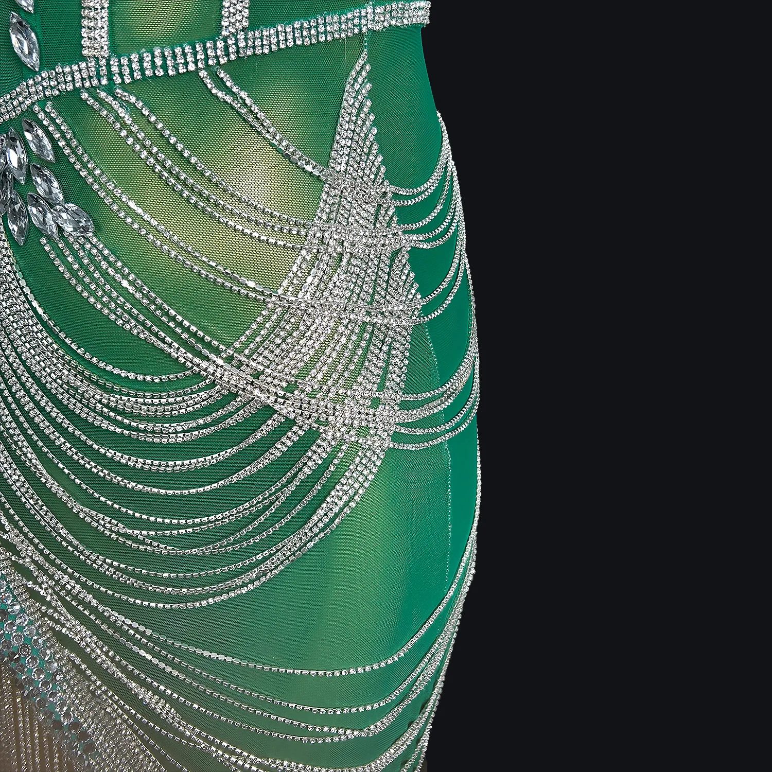 Luxo prata strass correntes vestido de cristal festa de aniversário celebrar vestido sexy malha desempenho traje latino dança vestido