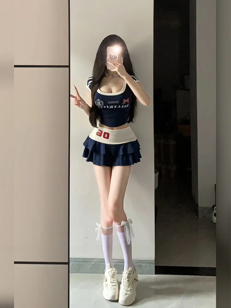 

Сексуальный спортивный костюм XZY в американском стиле для женщин больших размеров: летний винтажный топ и юбка в корейском стиле для повседневной носки