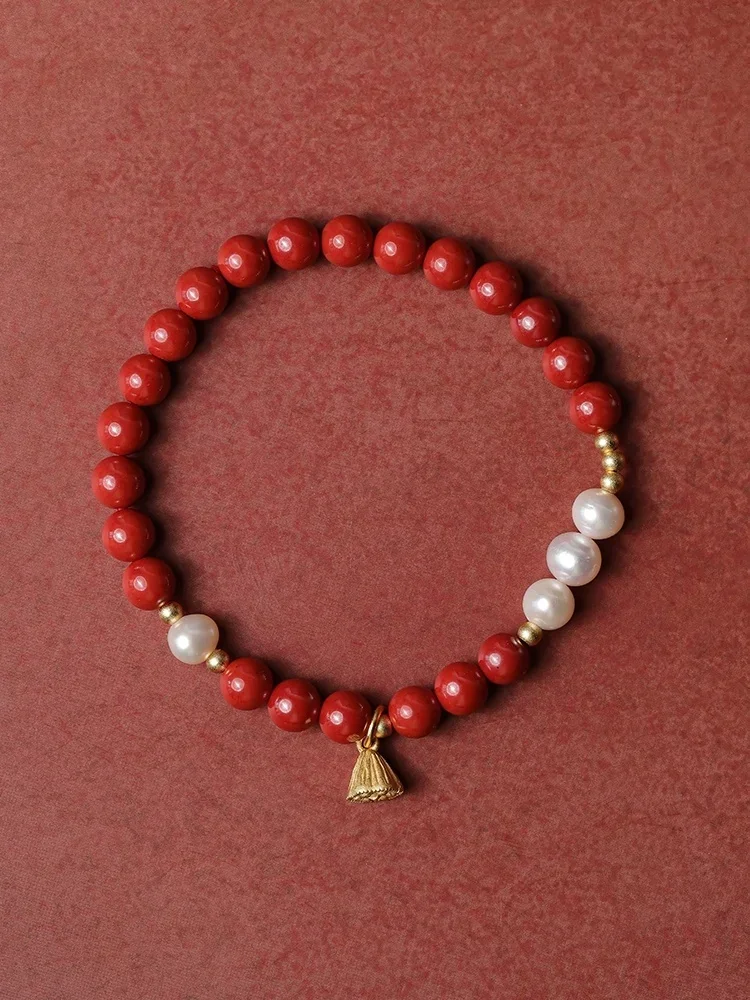 

Natural Ore Cinnabar Imperial Sand Bracelet s925 Ancient Silver Gold Plated Lotus Canopy Freshwater Pearl Bracelet for Women