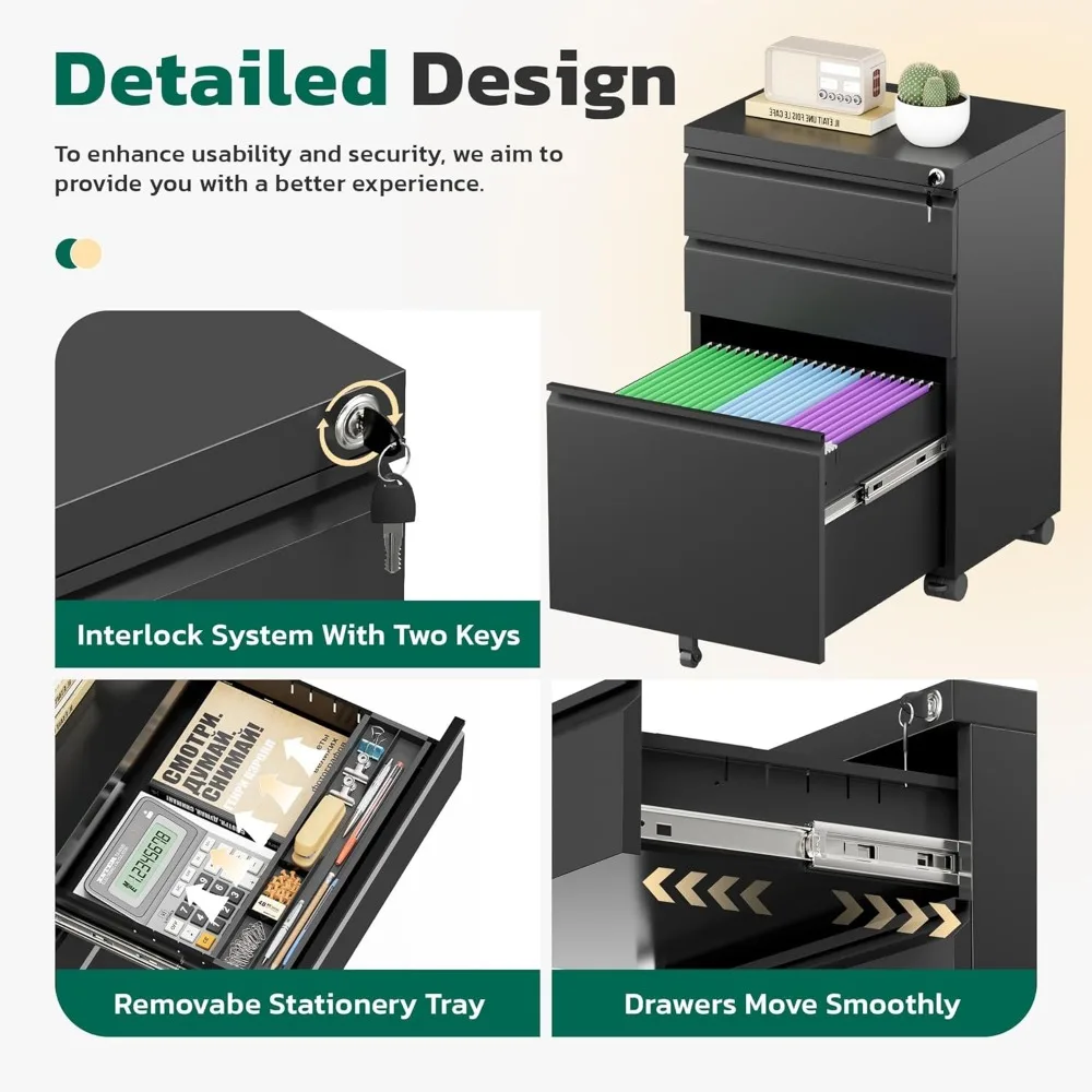 3 Drawer Mobile File Cabinet with Lock, Fully Assembled Rolling File Cabinet Except Casters, Under Desk File Cabinet