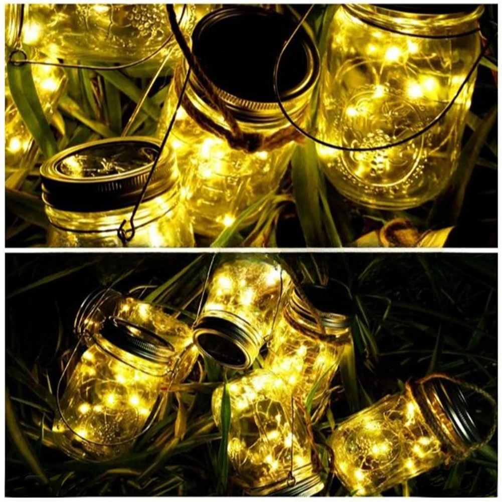 Solar Garden Mason LED String Lights, Lâmpada Jar de Vidro, Luz para Parede, Mesa, Cerca, Path Decor, 2m, 20 Lâmpadas, 2Pcs