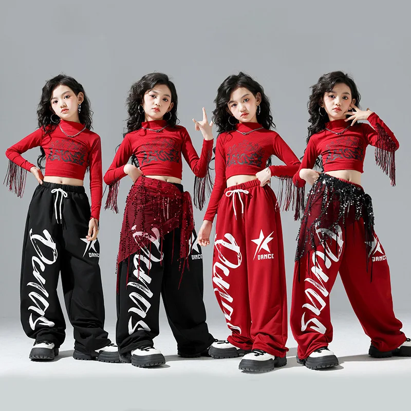 

Kid Kpop Hip Hop Clothing Red Fringe Long Sleeve Crop Top T Shirt Black Casual Sweat Pants for Girls Jazz Dance Costume Clothes