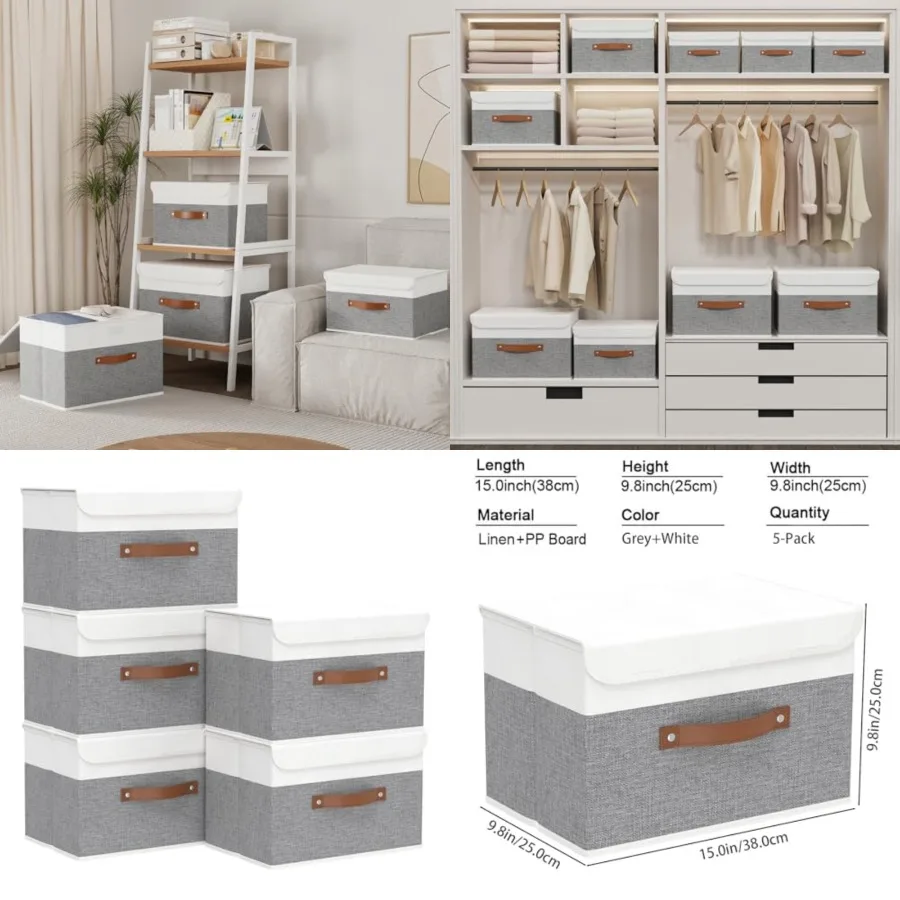 

Storage Boxes with Lids, Linen Fabric Bin, Cube Organizer Basket, Washable and Leather Handle, for Home, Closet,,15.0''Lx9.8''W