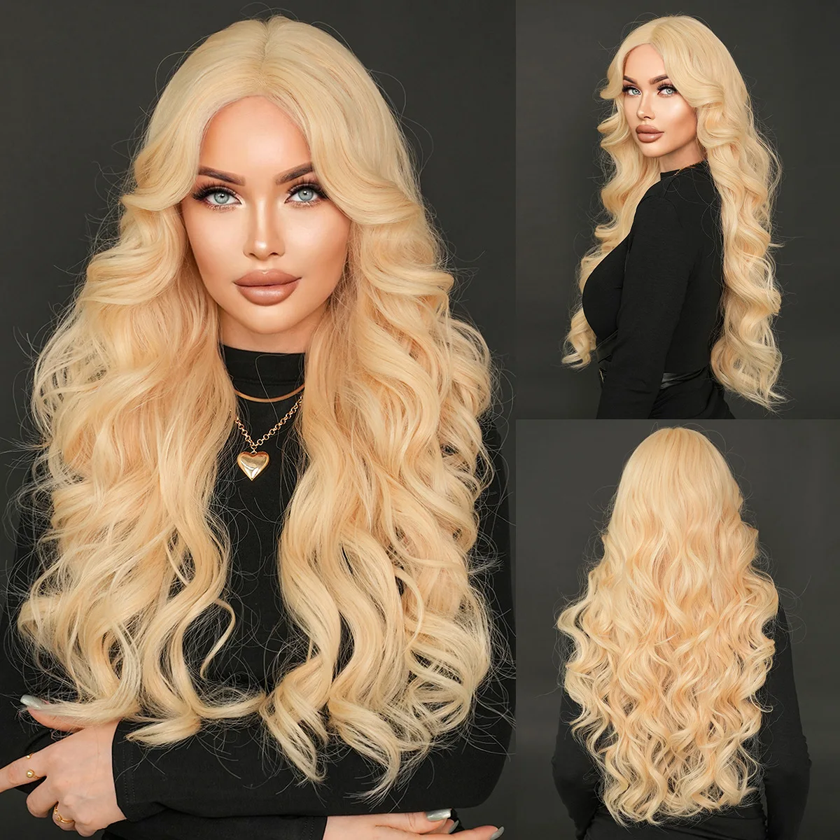 

Small T white gold lace wig with long curly hair and big waves, chemical fiber full headgear