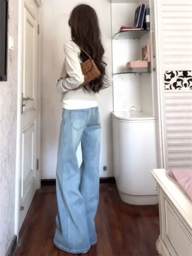 

Ретро-джинсы-клеш американского стиля, светло-голубые, женские, весенне-осенние, свободные, струящиеся, удлиненные в пол, с низкой посадкой