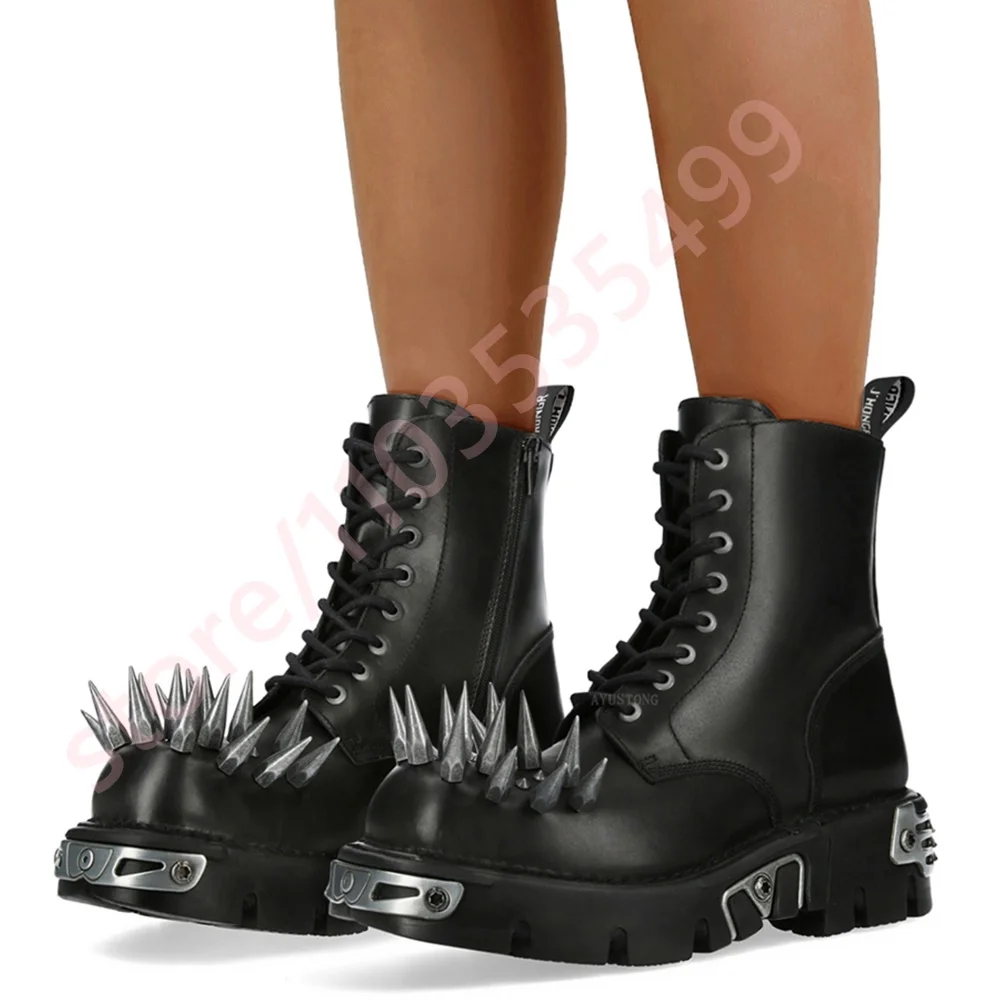 

Новые ботинки с шипами и заклепками в стиле Street Rock, панк, осень 2024, круглые ботинки на толстом каблуке со шнуровкой, черные модные спортивные повседневные ботильоны на молнии