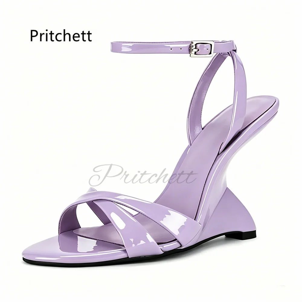 Novelty Wedges Heeled Leather Sandals for Women Solid Color Patent Leather Cross Strap High Heels Summer Open Toe Party Shoes