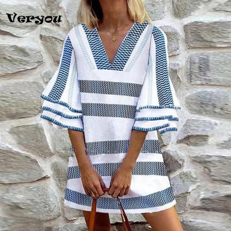 

Women V Neck Striped Printed Dress Plus Size Women Summer Casual Mini Dress Ruffle Sleeve Boho Short Dress 2024