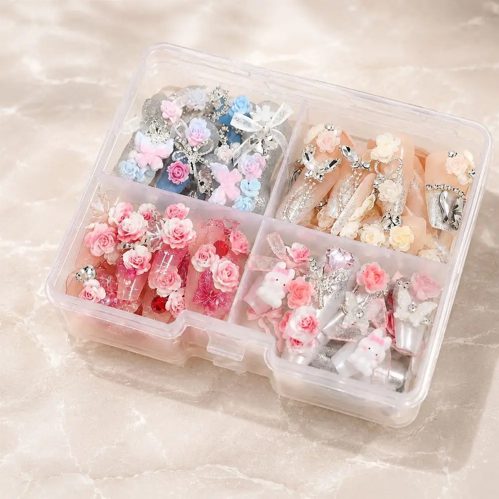 96Pcs Box Set Press‑On Fake Nails 4 Different Coffin Styles 3D Rose Rabbit Bow Rhinestone Embellishment Reusable For Nail Art