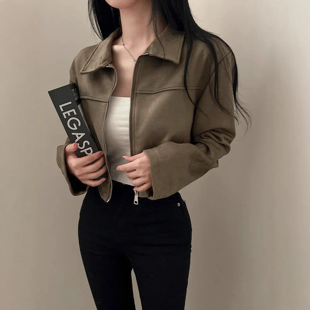 

Streetwear Suede Slim Jackets Women Zipper Pockets Long Sleeve Coats Fashion 2025 Fall Casual Vintage Elegant Outwears