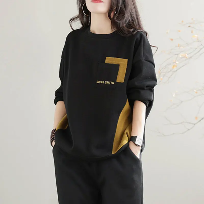 2023 Autumn and Winter New Korean Version Temperament Women\'s Clothing Fashion Splice Pockets Round Neck Long Sleeve Pullover